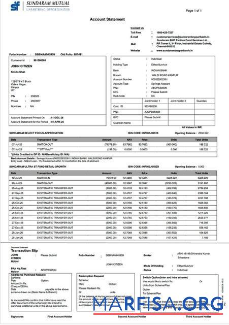 Blank India Sundaram Mutual account statement word template